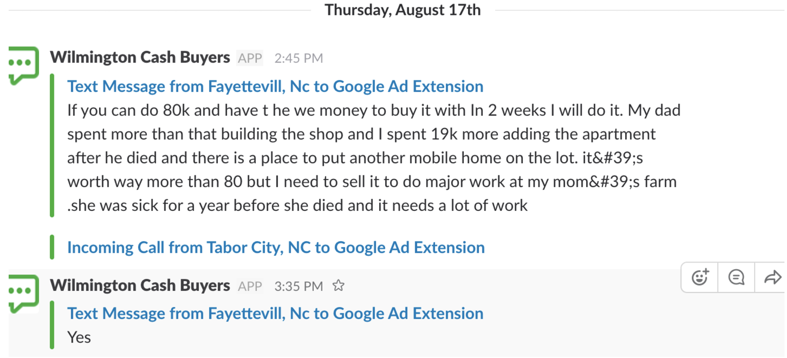 adwords click to text message example