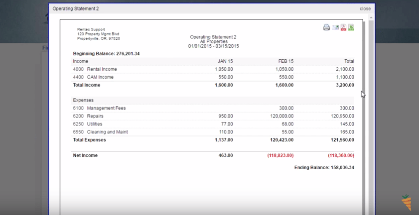 Rentec Direct Review operating statement